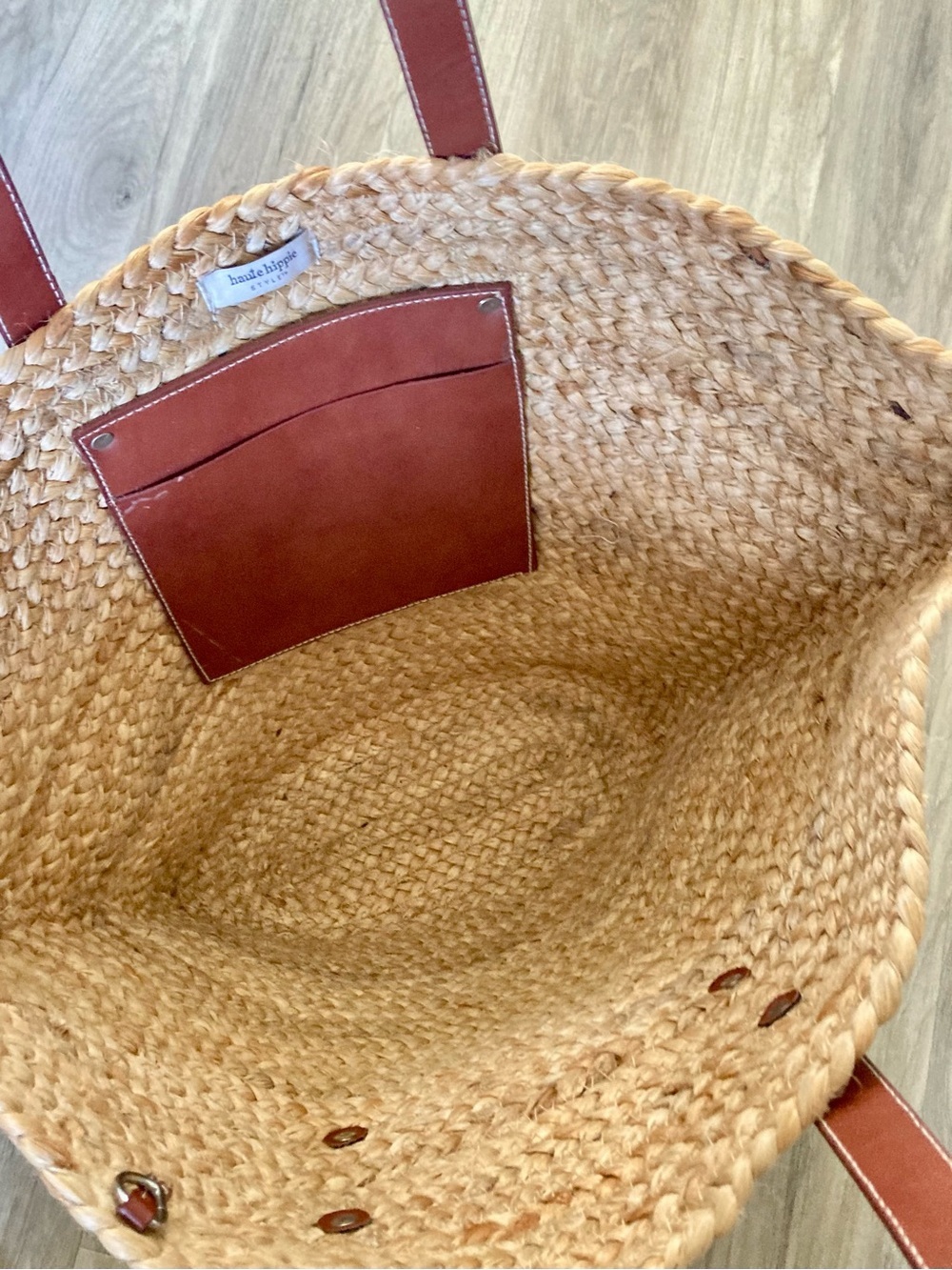 Haute Hippie Large Woven Straw Tote Coastal Boho Market Beach Bag Cognac - Picture 3 of 5
